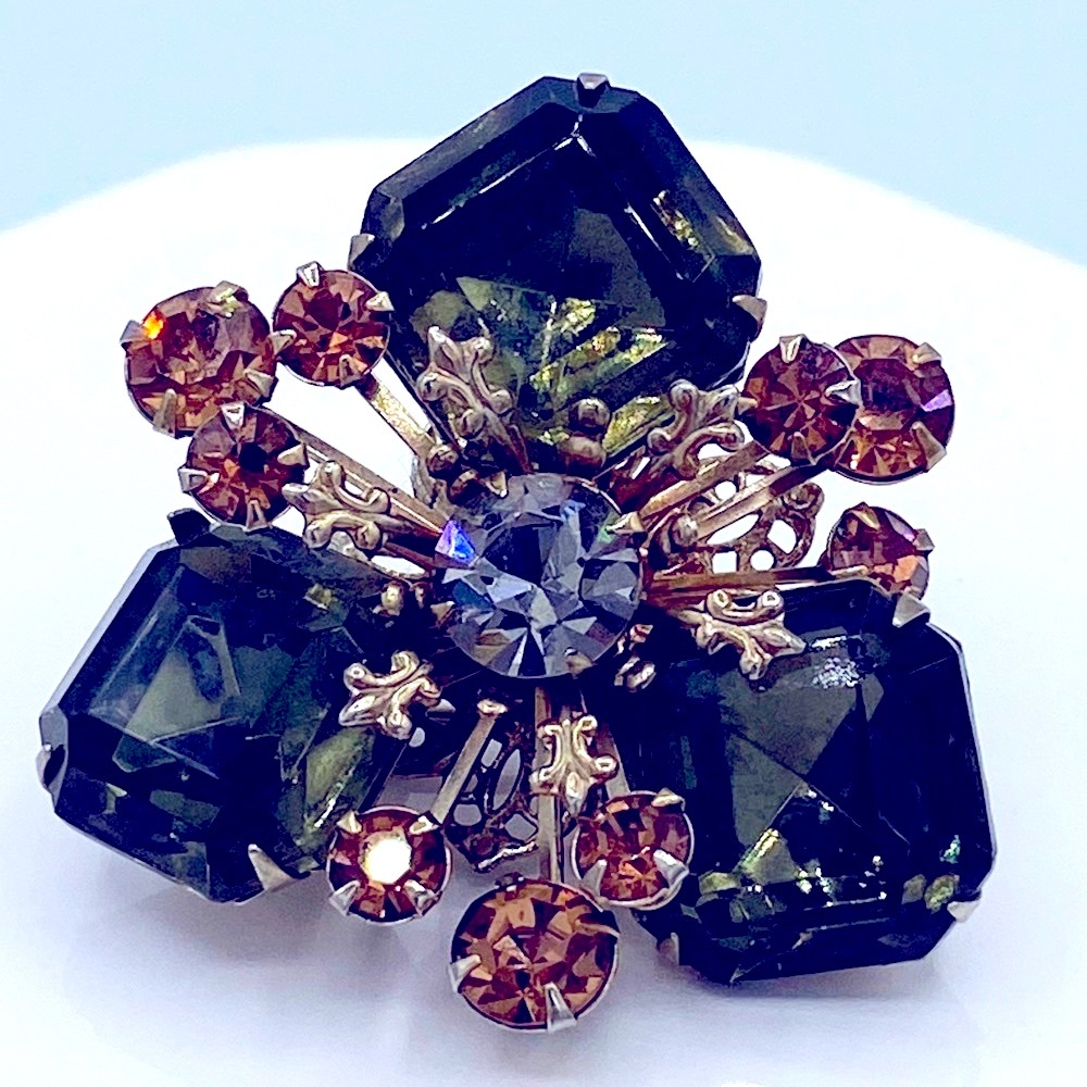 Vintage Unique Design Gold Tone With Smokey Green And Brown Rhinestone Brooch